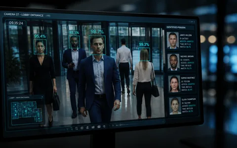 Security monitor showing live facial detection and recognition on people in a lobby