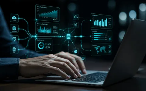 Laptop with a holographic dashboard connecting data sources to reporting charts