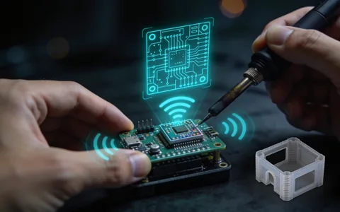 Hands soldering a custom PCB prototype with a wireless connectivity overlay and a 3D-printed enclosure