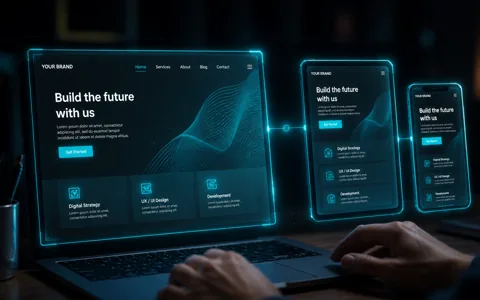 Responsive website design shown scaled across desktop, tablet, and phone