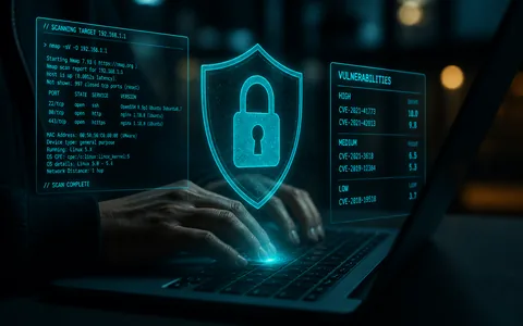 Hands on a laptop running a network scan, with a glowing shield hologram and vulnerability report panels