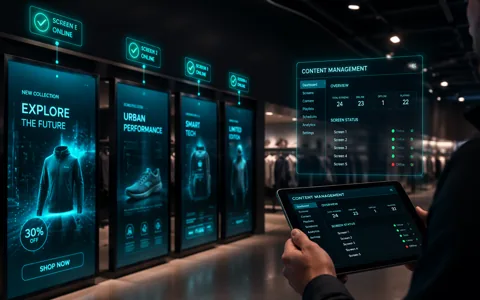 Row of retail digital signage screens with live online status and a content management dashboard