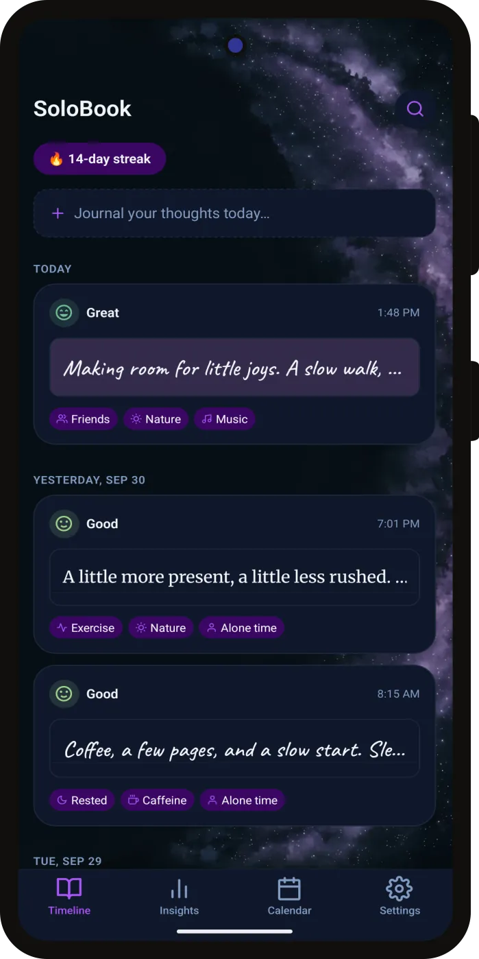 The same Timeline screen in one of SoloBook's dark themes