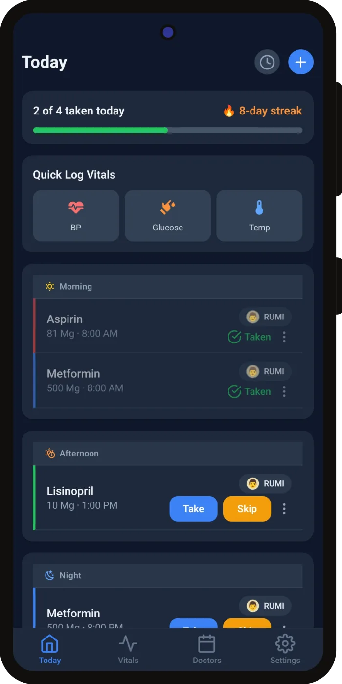 The same Today screen in TrackMedi's dark theme